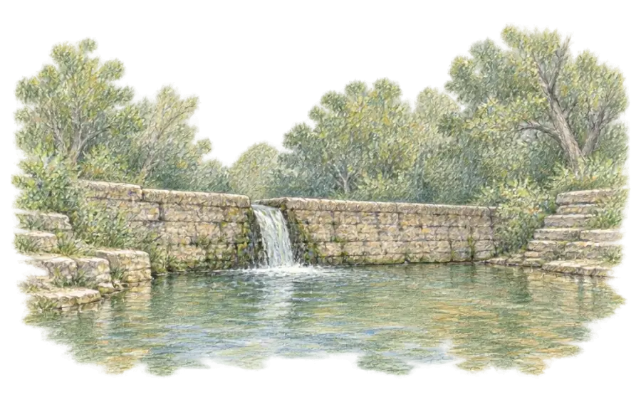 Pencil sketch of a low limestone dam with water spilling into a tree-lined creek