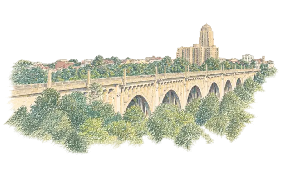 Pencil sketch of a long concrete arch bridge over tree-lined Little Lehigh Creek