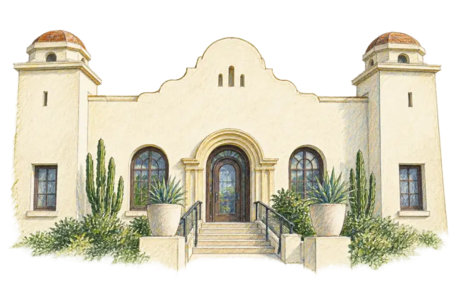 Pencil sketch of a stucco packing house with twin domed towers and a central staircase