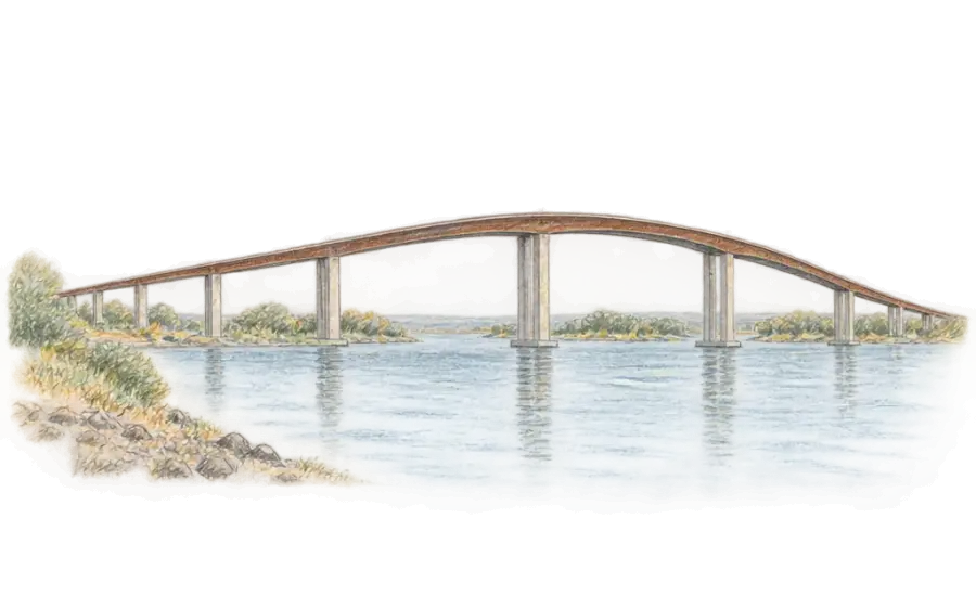 Pencil sketch of a long steel girder bridge humping over a wide river