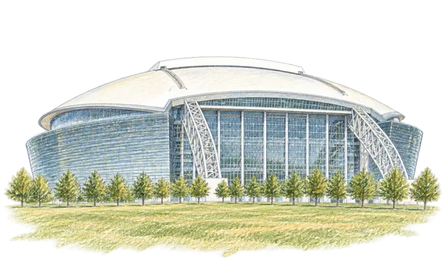 Pencil sketch of AT&T Stadium's low dome and twin steel arches under a wide sky