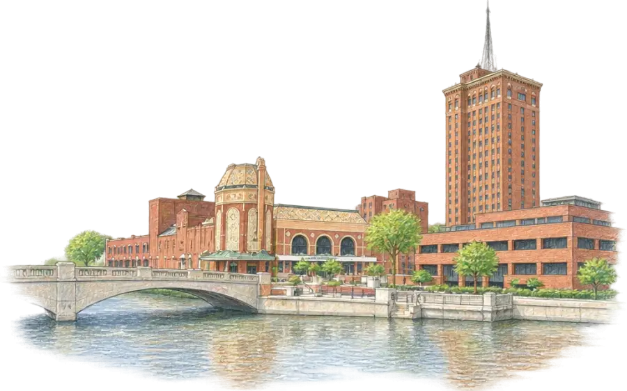 Pencil sketch of a brick tower and theater beside a river and arched bridge