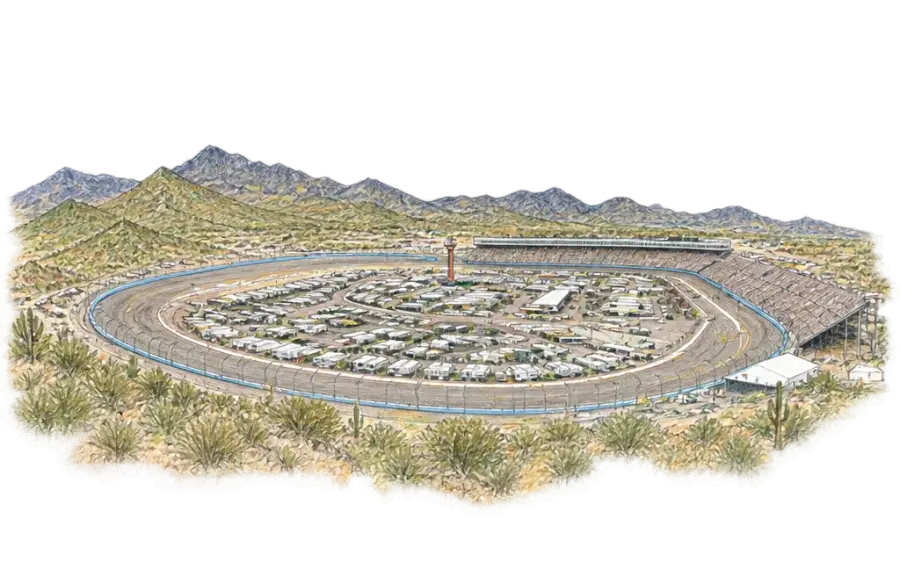 Pencil sketch of a D-shaped race oval and grandstand before the Sierra Estrella ridge