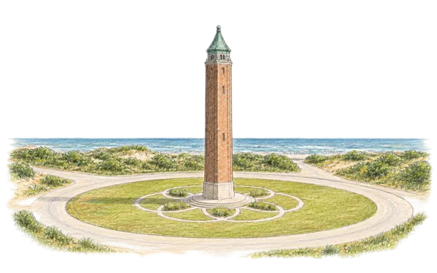 Pencil sketch of a slender brick water tower in a traffic circle by the dunes