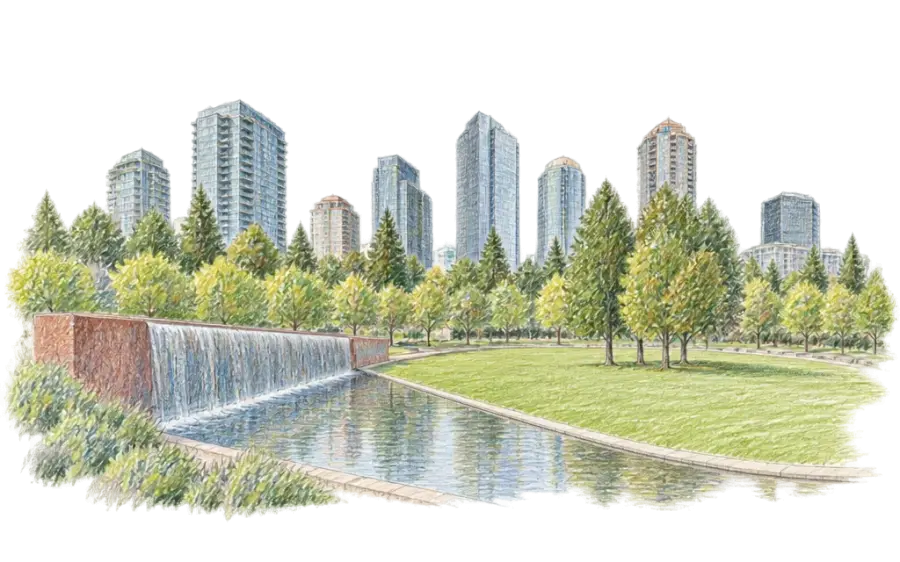 Pencil sketch of a long waterfall wall and canal beside a lawn, towers behind