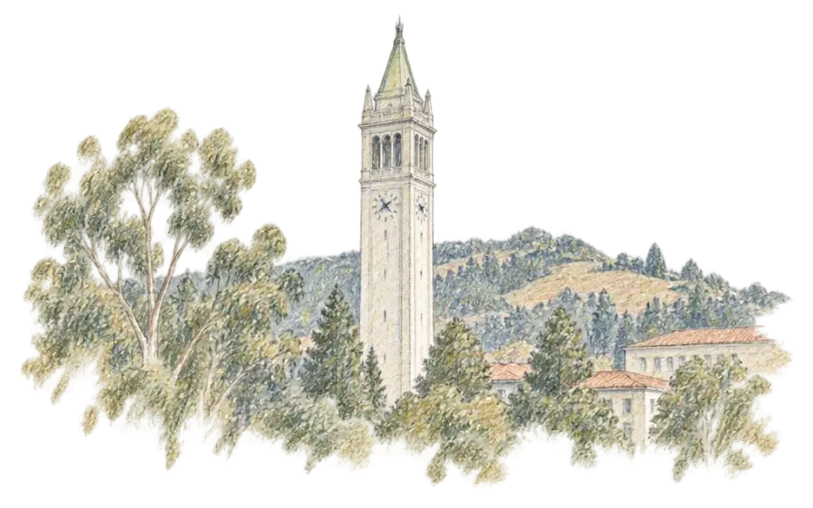 Pencil sketch of a slender clock tower with a pyramid spire among eucalyptus trees