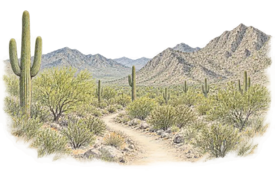 Pencil sketch of a desert trail through saguaros below the White Tank Mountains