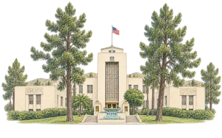 Pencil sketch of a pale civic building with a central tower between tall pines