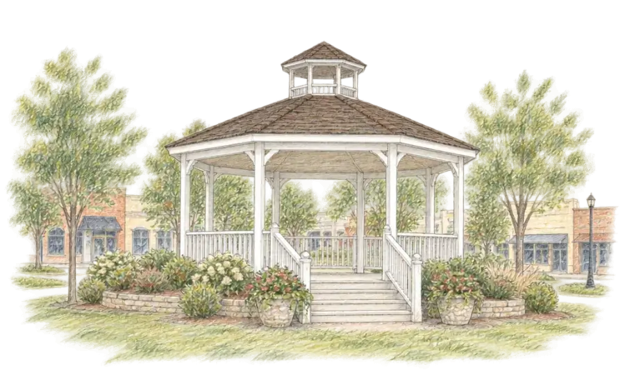 Pencil sketch of a white gazebo before low brick storefronts and shade trees
