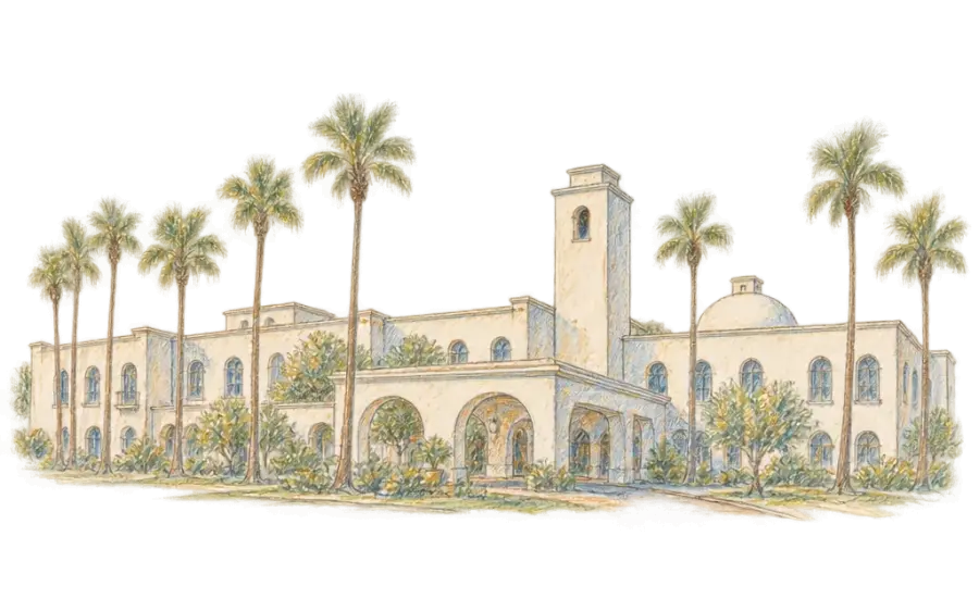 Pencil sketch of the San Marcos hotel's arched entrance, slender tower and palms