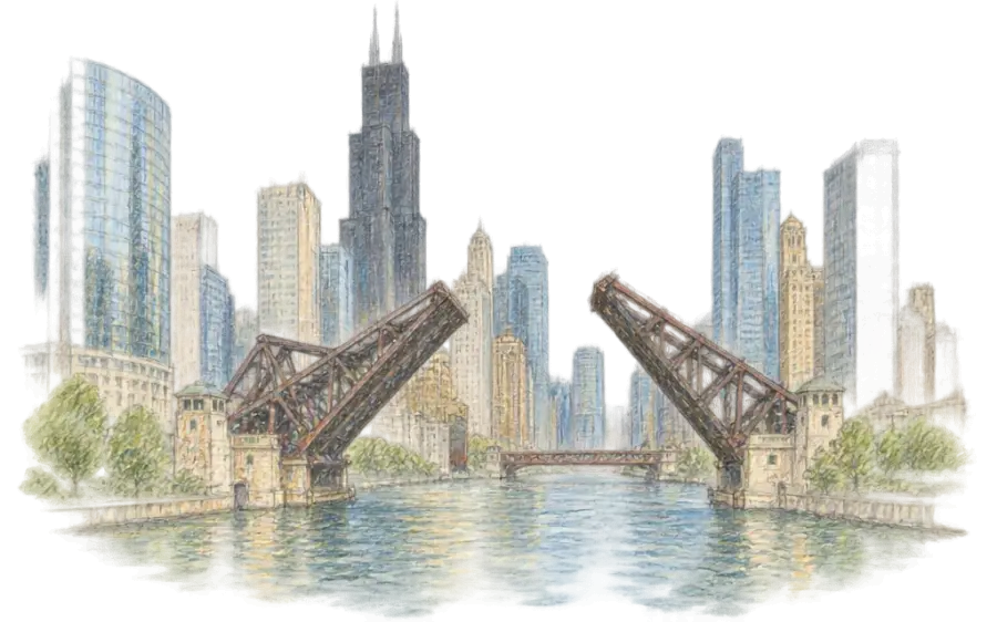 Pencil sketch of raised bascule bridges on the Chicago River below skyscrapers