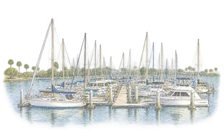 Pencil sketch of sailboat masts and yachts moored along docks on a calm bay