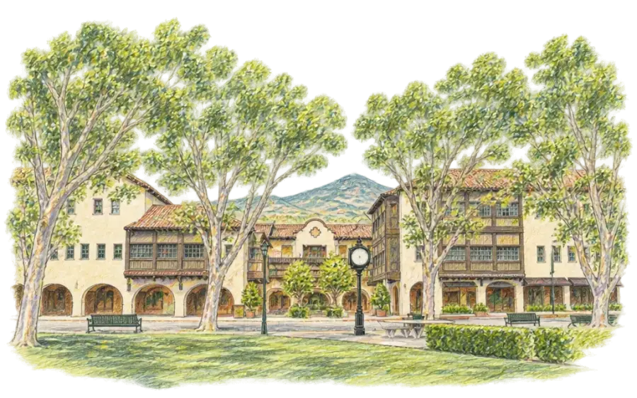 Pencil sketch of a sycamore-shaded square framed by arcaded buildings, Mount Diablo beyond