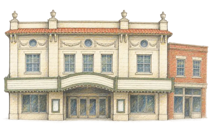 Pencil sketch of a broad cream stone theatre front with a wide marquee
