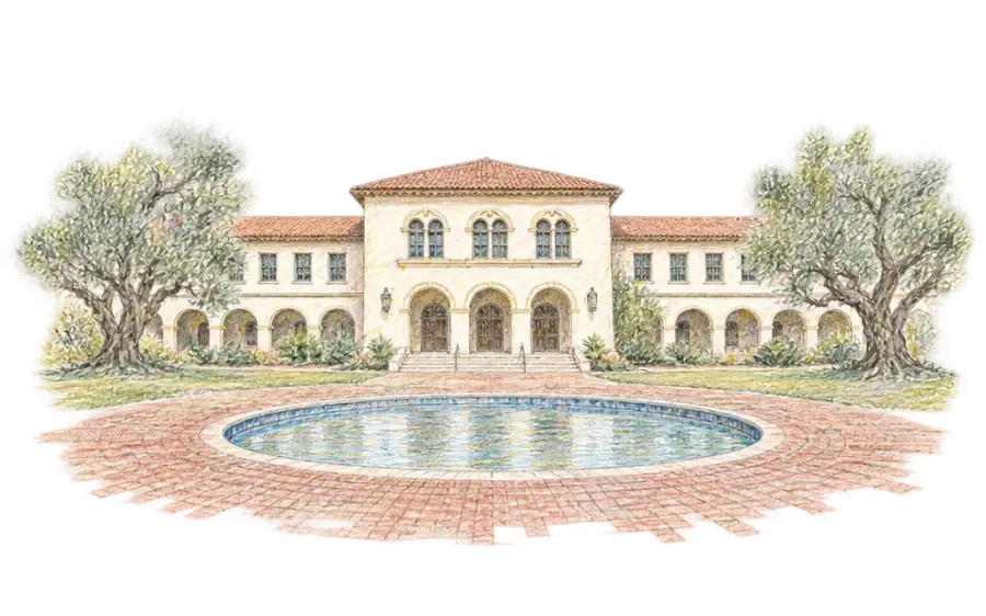 Pencil sketch of a stucco civic building with a tile roof, arches and olive trees