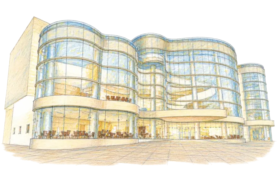 Pencil sketch of a concert hall's wavy glass facade above a plaza