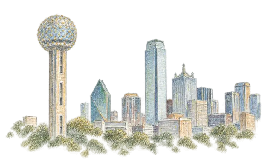 Pencil sketch of Reunion Tower's concrete column and lit ball before downtown towers