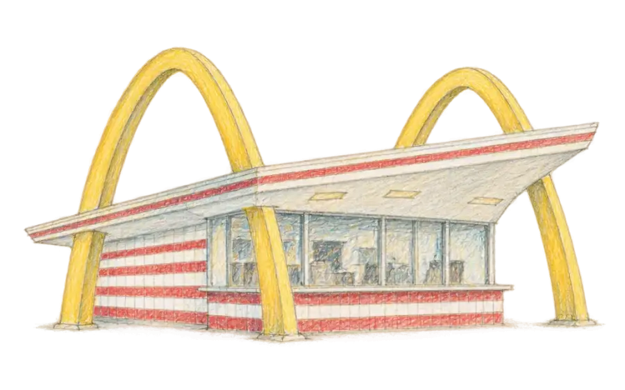 Pencil sketch of a small tiled walk-up stand with two tall arches through its roof
