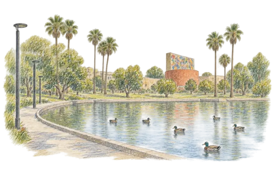 Pencil sketch of a small park lake with ducks, palms and lamp posts