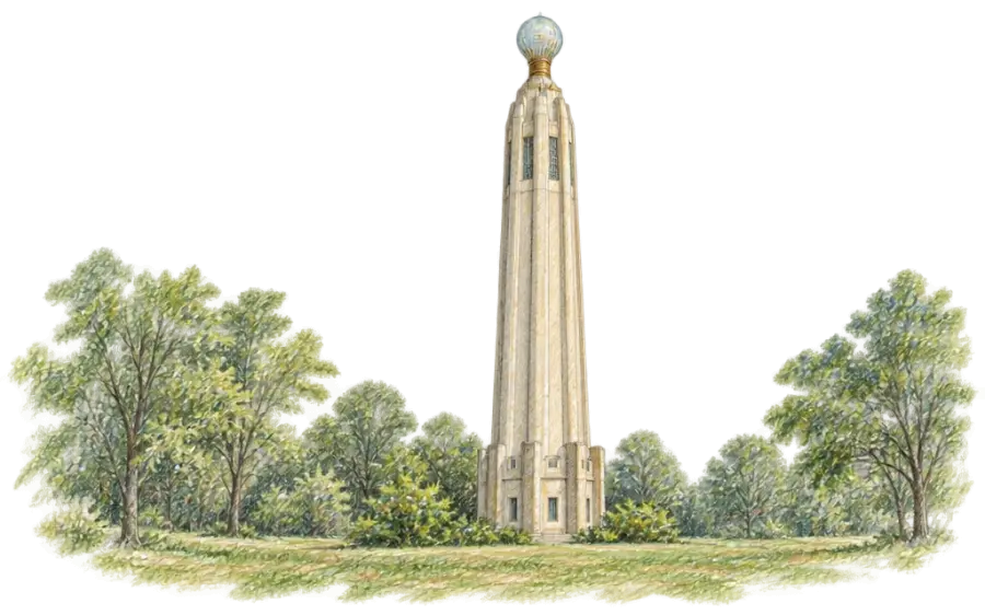 Pencil sketch of an Art Deco tower topped by a giant light bulb among trees