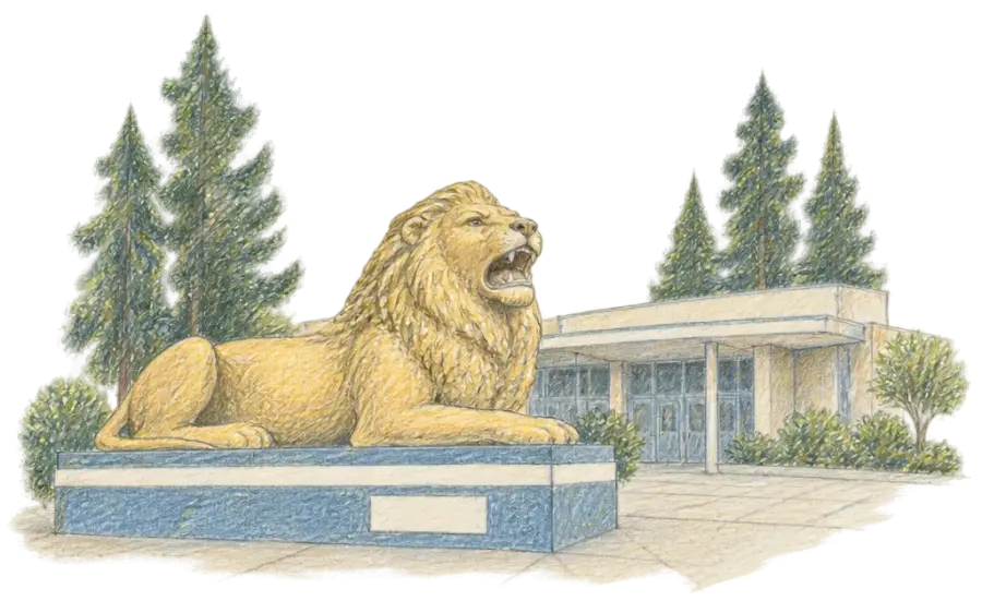 Pencil sketch of a reclining gold lion statue on a pedestal before a school