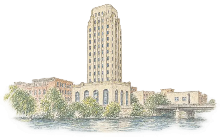 Pencil sketch of a pale Art Deco tower above trees along a river