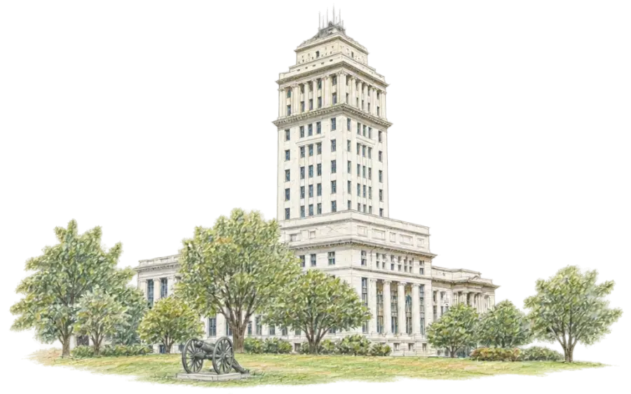 Pencil sketch of a slender stone courthouse tower above a lawn and old cannon