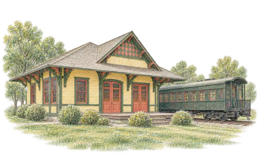 Pencil sketch of a small wooden Victorian depot with a vintage rail car beside it
