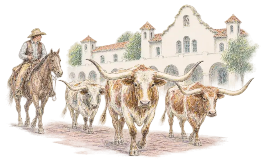 Pencil sketch of longhorns and a cowboy on a brick street before the Livestock Exchange