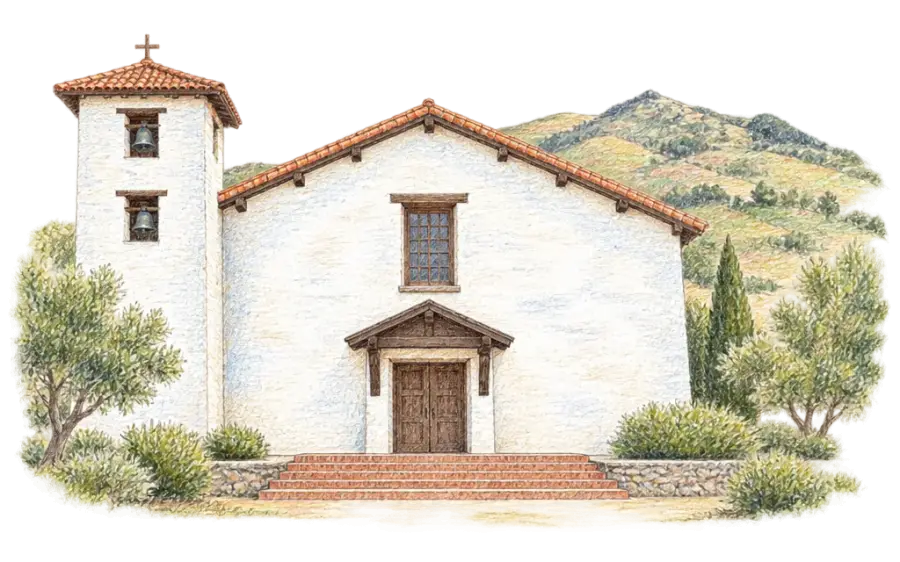 Pencil sketch of a whitewashed adobe mission church with Mission Peak behind