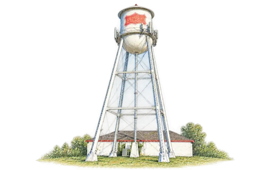Pencil sketch of a white water tower on tall lattice legs under a wide sky