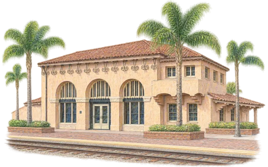 Pencil sketch of a stucco train station with arches and tile roof by tracks