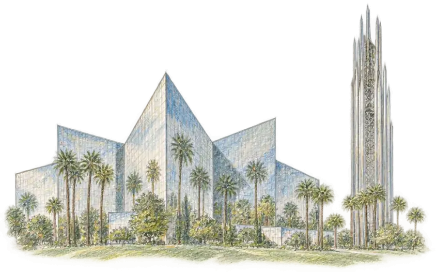 Pencil sketch of a mirrored-glass cathedral with a faceted bell tower and palms