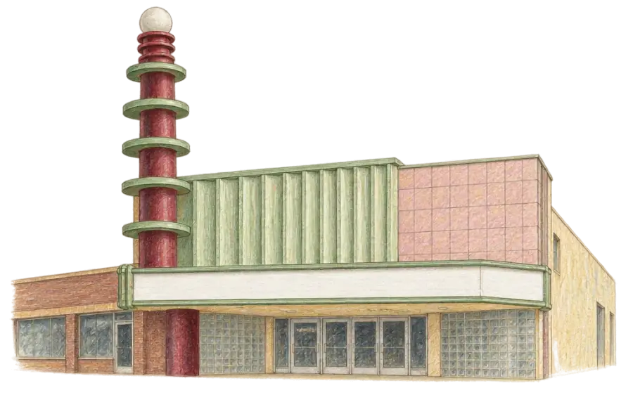 Pencil sketch of a tiled theatre front with a round ringed sign tower