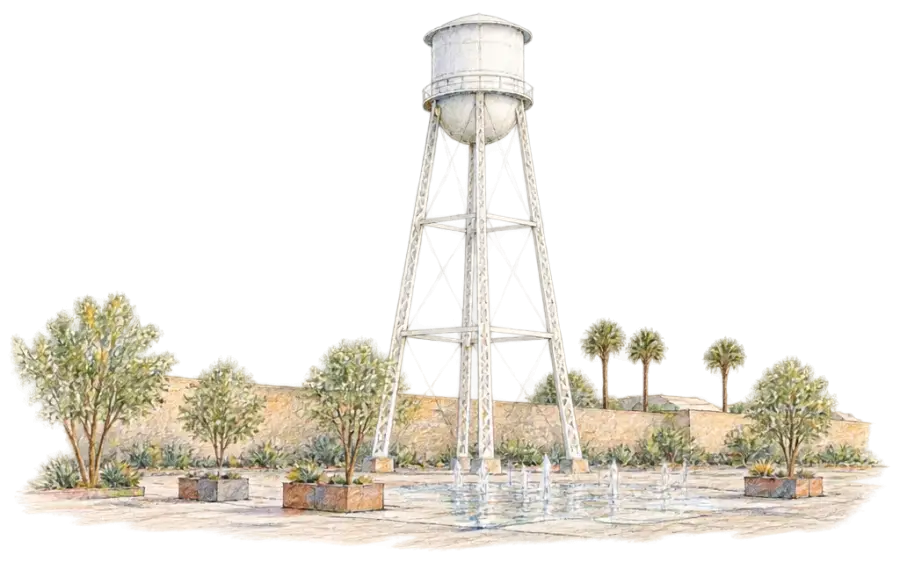 Pencil sketch of Gilbert's white water tower on lattice legs above a plaza