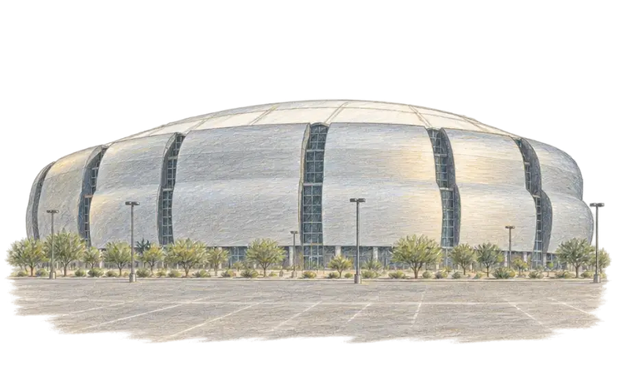 Pencil sketch of a rounded silver stadium with a white roof above a parking lot