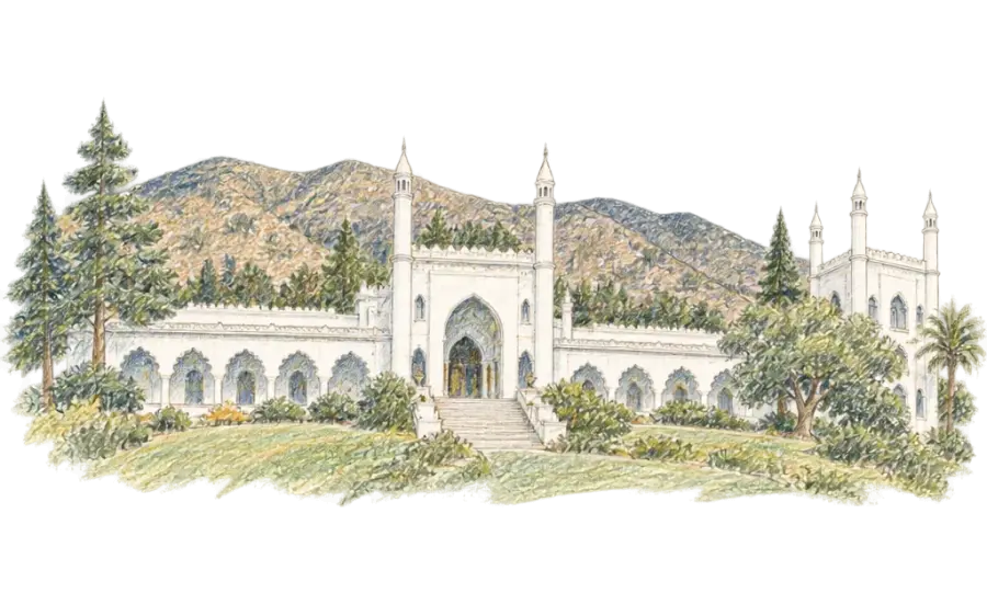 Pencil sketch of a white mansion with pointed arches and minarets before foothills