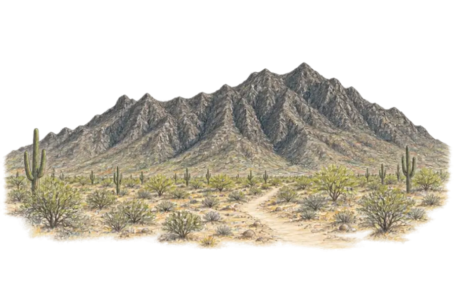 Pencil sketch of the dark Sierra Estrella ridge above saguaros and a desert trail