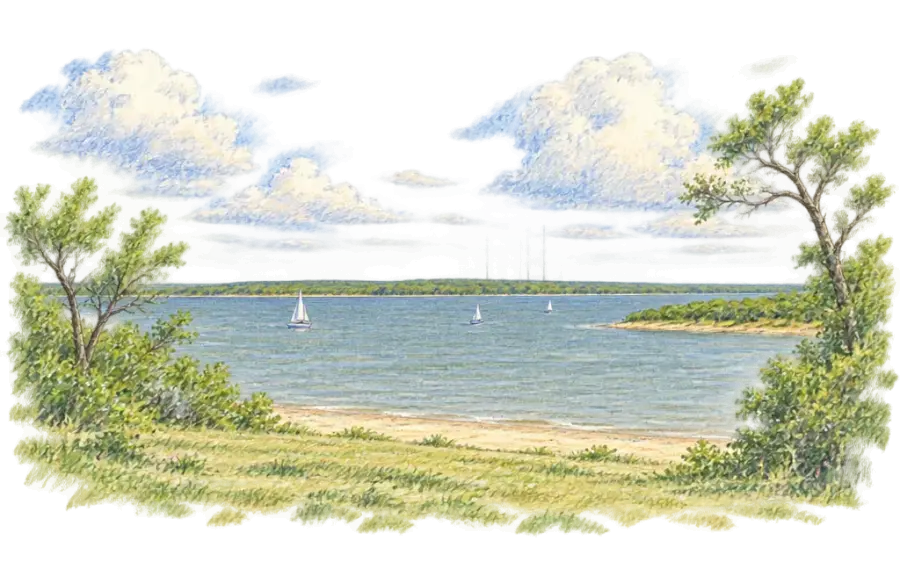 Pencil sketch of a sandy beach and small sailboats on a wide lake