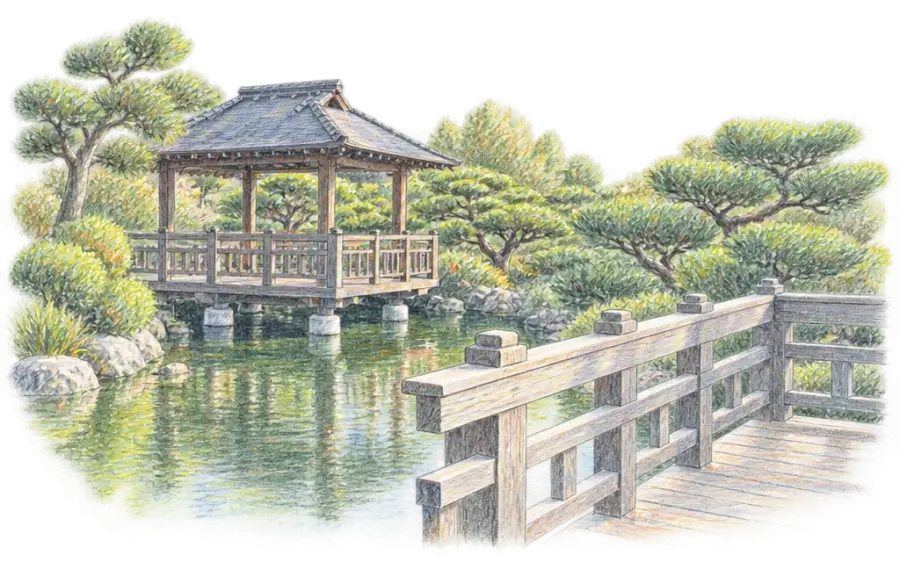 Pencil sketch of a wooden footbridge over a still pond among sculpted pines