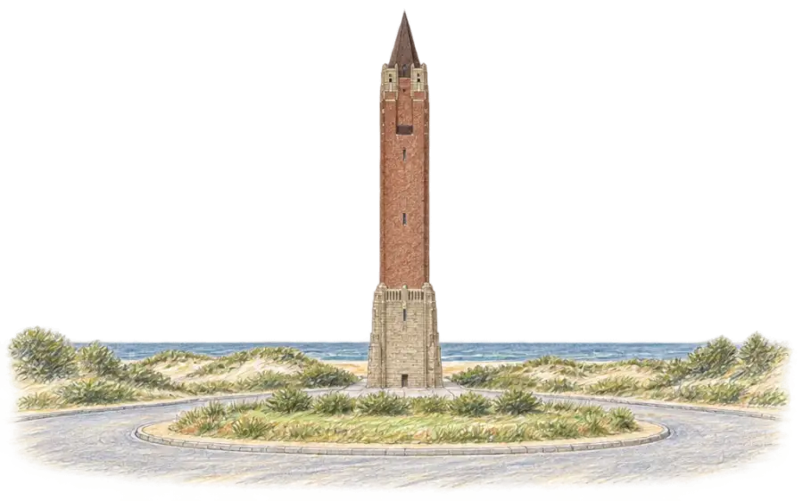 Pencil sketch of a pencil-thin brick water tower above beach dunes and ocean