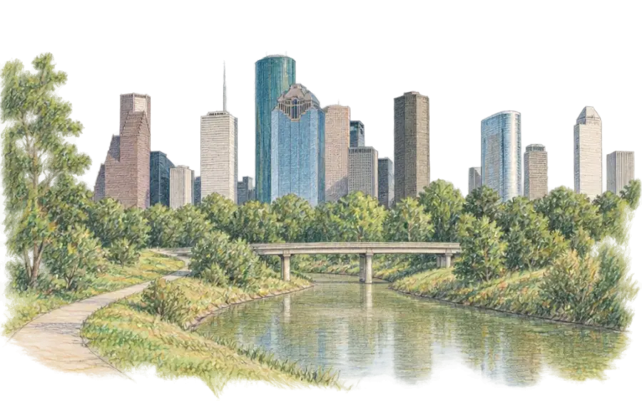 Pencil sketch of the downtown Houston skyline beyond Buffalo Bayou and a low road bridge