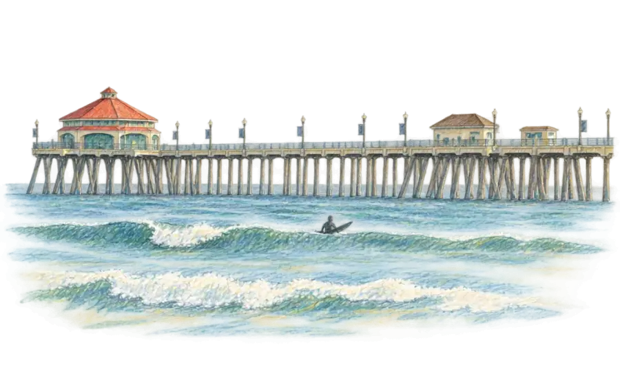 Pencil sketch of a long concrete pier over the surf with a surfer