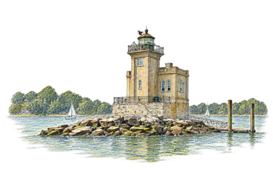 Pencil sketch of a castle-like lighthouse on rocks in the water with sailboats