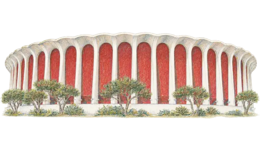 Pencil sketch of a round arena ringed by white flared columns and red panels