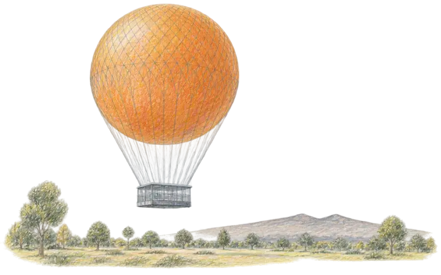 Pencil sketch of a netted orange balloon and cage gondola above open park land