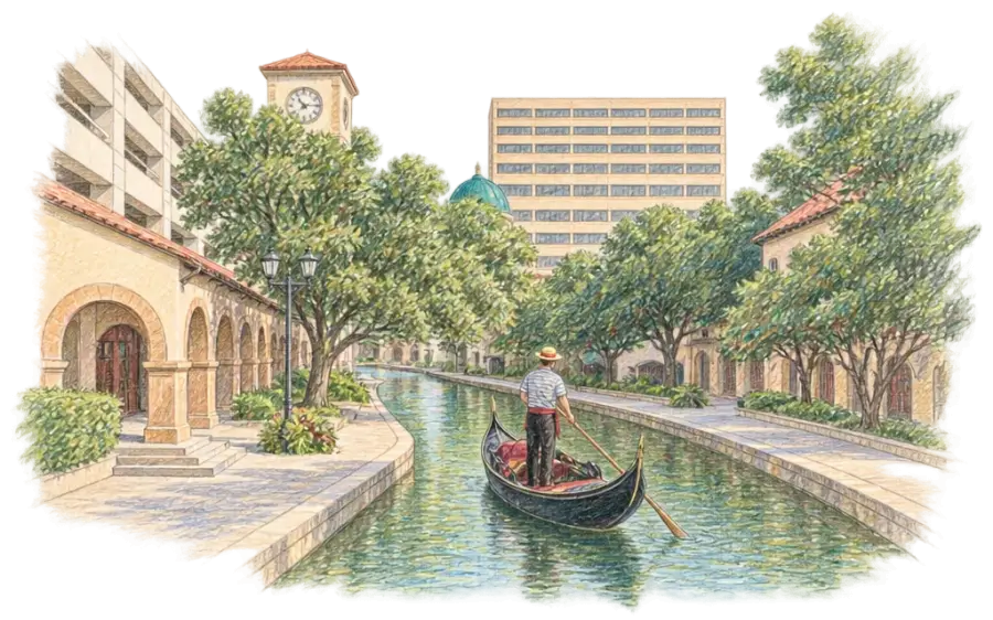 Pencil sketch of a gondolier on a narrow canal lined with arcaded buildings