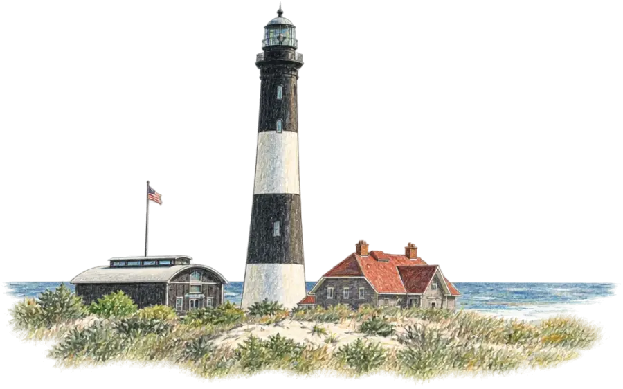 Pencil sketch of a tall black-and-white banded lighthouse above dunes and beach grass