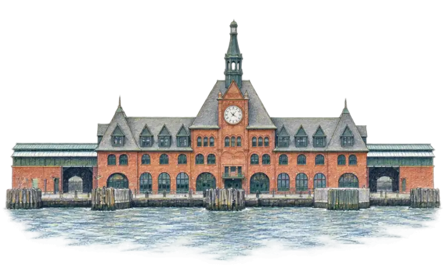 Pencil sketch of a red-brick station with a clock tower on the Hudson waterfront