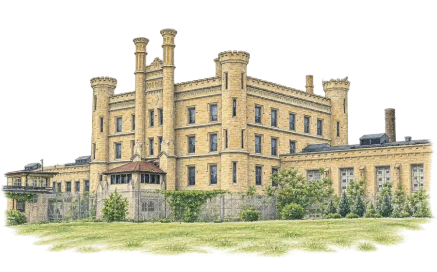 Pencil sketch of a limestone building with tall turrets behind a fence